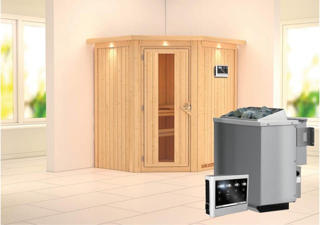 Karibu Sauna Tjorven + Bio-Ofen ext. Strg. Easy, Holz-Glastür, LED-Dachkranz