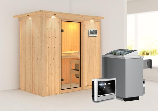 Karibu Sauna Vera + Ofen ext. Strg. Easy, Glastür satiniert