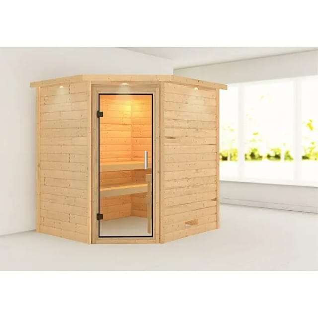 Karibu Sauna Mia und LED-Dachkranz Natur
