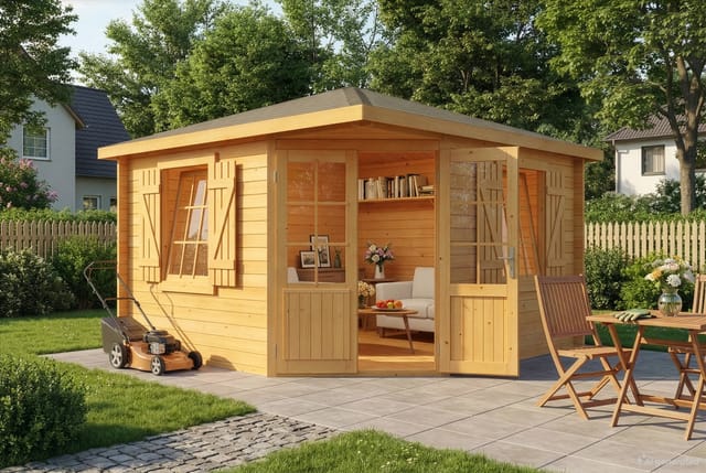 Alpholz Gartenhaus Monica Royal Spitzdach 375 cm x 375 cm Imprägniert (Pinie)