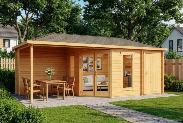 Alpholz 5-Eck Gartenhaus Liwa mit Anbau 40mm Imprägniert (Pinie) 714 cm x 302 cm