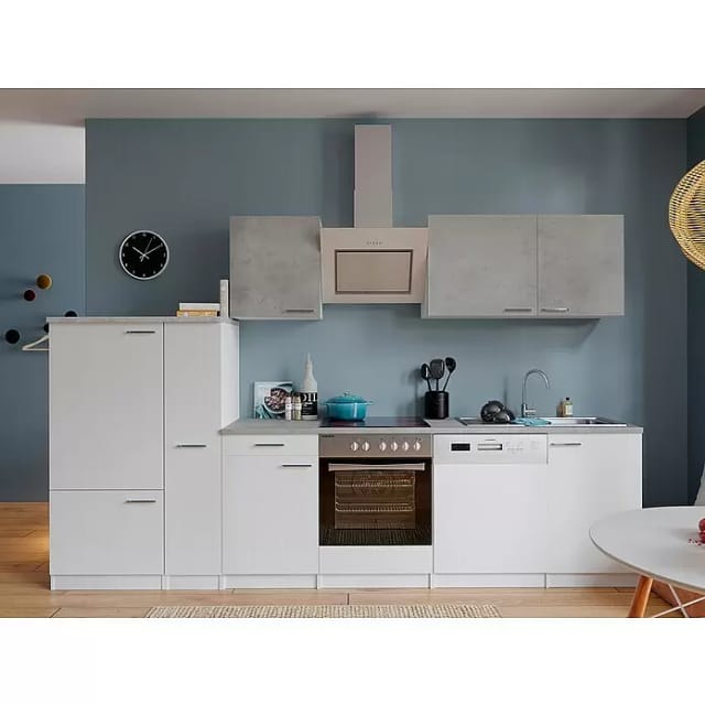 Respekta Economy Küchenzeile KB310WWBSC 310 cm Weiß-Beton Optik