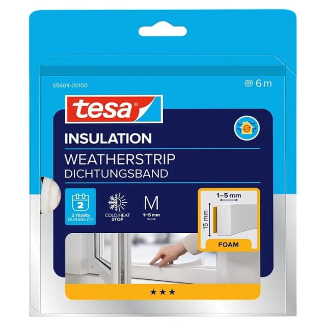 Tesamoll Fensterdichtung / Türdichtung Universal Schaumstoff Weiß 6 m x 1,5 cm