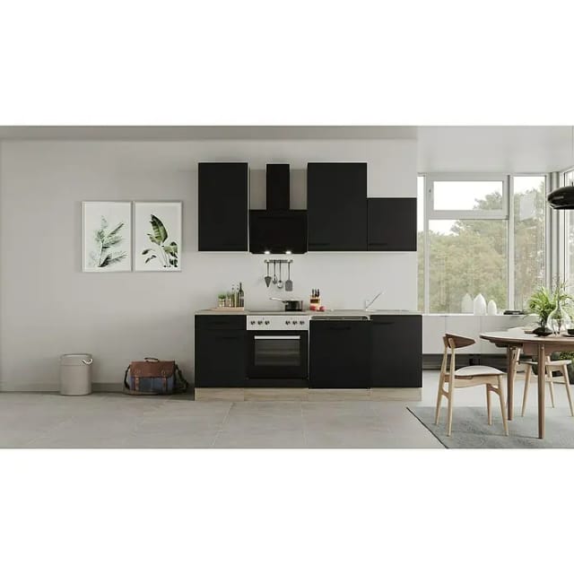 Flex-Well Exclusiv Küchenzeile Capri 220 cm Schwarz Matt-Endgrain Oak