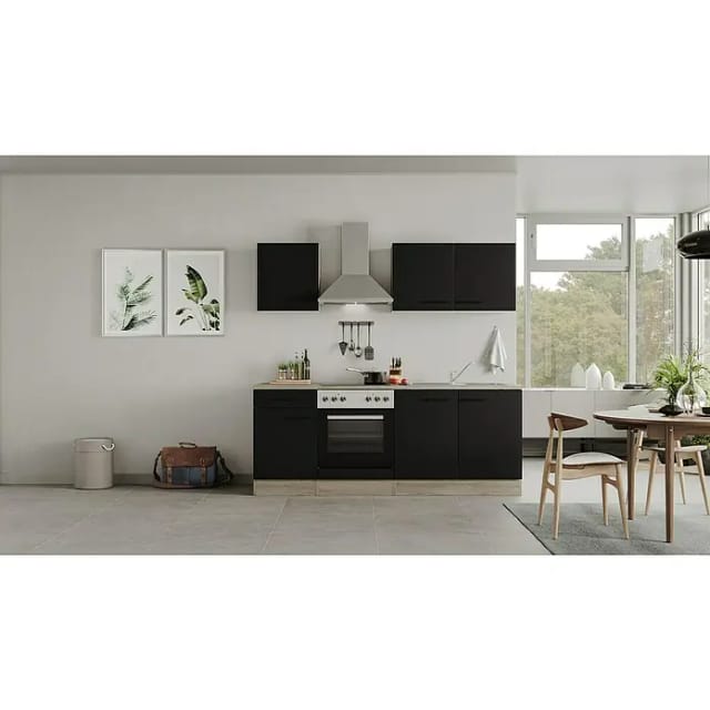 Flex-Well Exclusiv Küchenzeile Capri 210 cm Schwarz Matt-Endgrain Oak