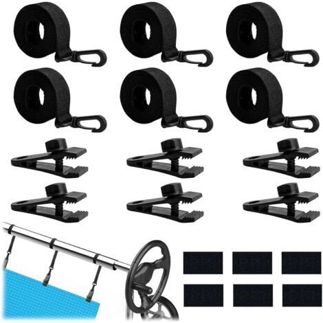 Befestigungsset Für Solar-poolabdeckungen (18-teilig) Inklusive 6 Verstellbarer Gurte Mit Haken, 6 Befestigungsclips Und 6 Selbstklemmenden Verschlüssen