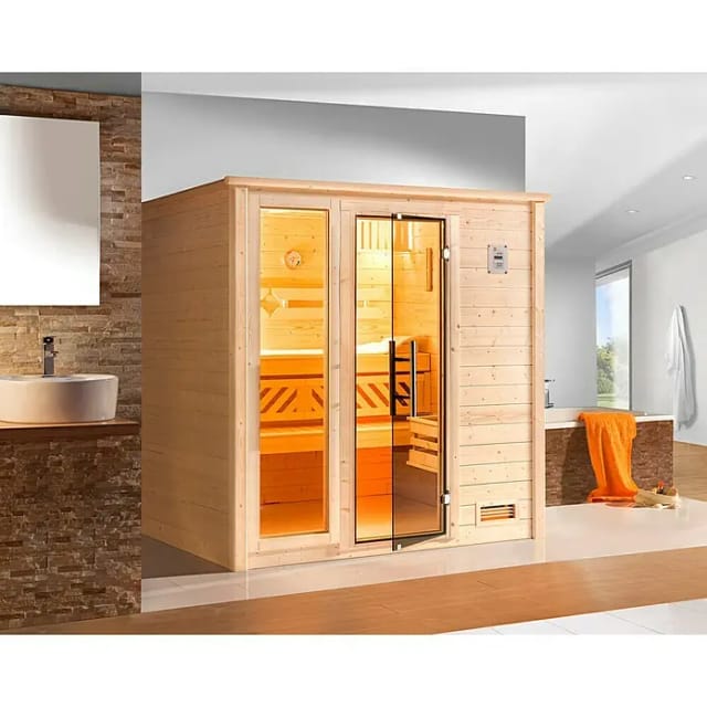 Weka Massivholzsauna Bergen 2 Sparset 7,5 kW BioS Holztür