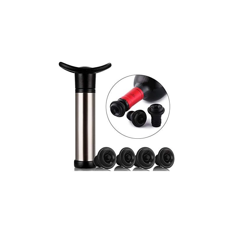Pompe À Vin Sous Vide En Acier Inoxydable – Élimine L'Air Pour Conservation Optimale – 4 Bouchons Inclus – Pour Bouteilles Standard