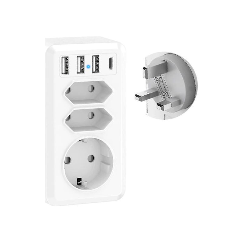 7-in-1-reiseadapter Mit 3 Usb-anschlüssen Und 1 Usb-c-anschluss – Steckeradapter Für Dubai, Malaysia Und Irland (typ G)