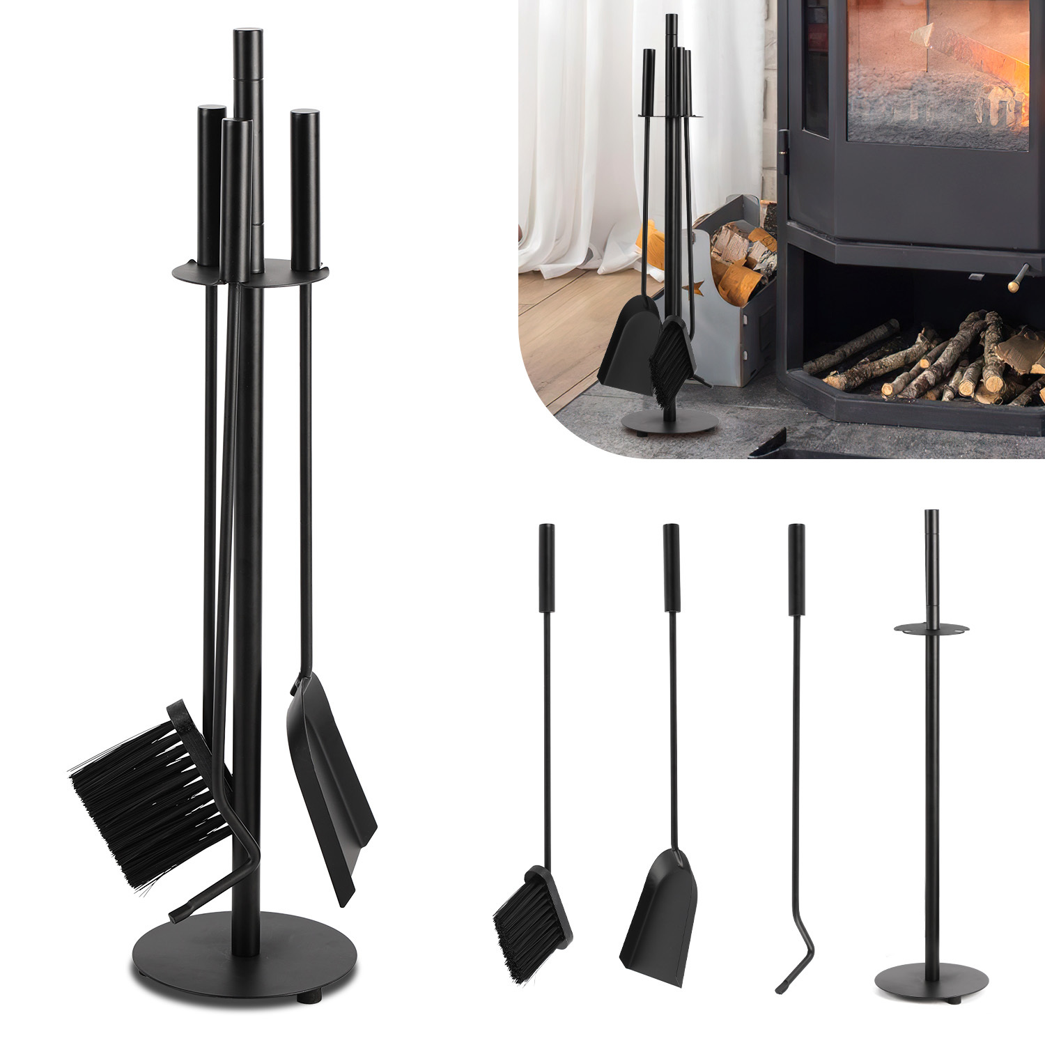 Randaco Kaminbesteck, 3-teilige Kamingarnitur Mit Schaufel, Besen, Feuerhaken & Ständer, Ofenbesteck Modern, Schwarz