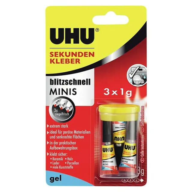 Uhu Sekundenkleber 3 x 1 g minis gel in praktischer Box