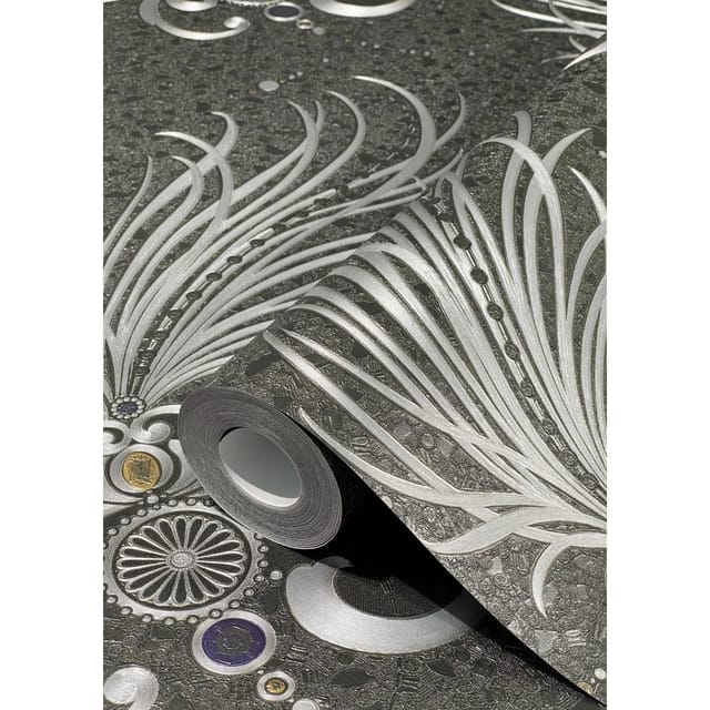 Glööckler Vliestapete Imperial ornamentaler Federschmuck Schwarz-Silber