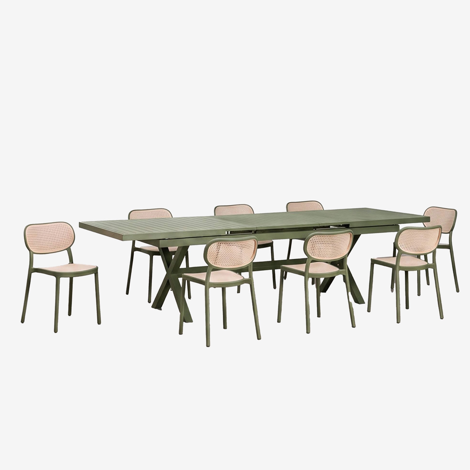 Sklum Set Aus Rechteckigem, Ausziehbarem Tisch 240-300x100 Cm Aus Aluminium Karena Und 8 Stapelbaren Gartenstühlen Aus Polypropylen Om Tiefes Grün Olive
