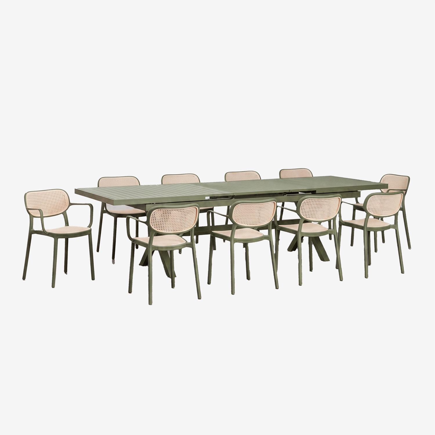 Sklum Rechteckiger Ausziehbarer Esstisch Karena 240-300x100 Cm Und 10 Stapelbare Gartenstühle Mit Armlehnen Omara Tiefes Grün Olive