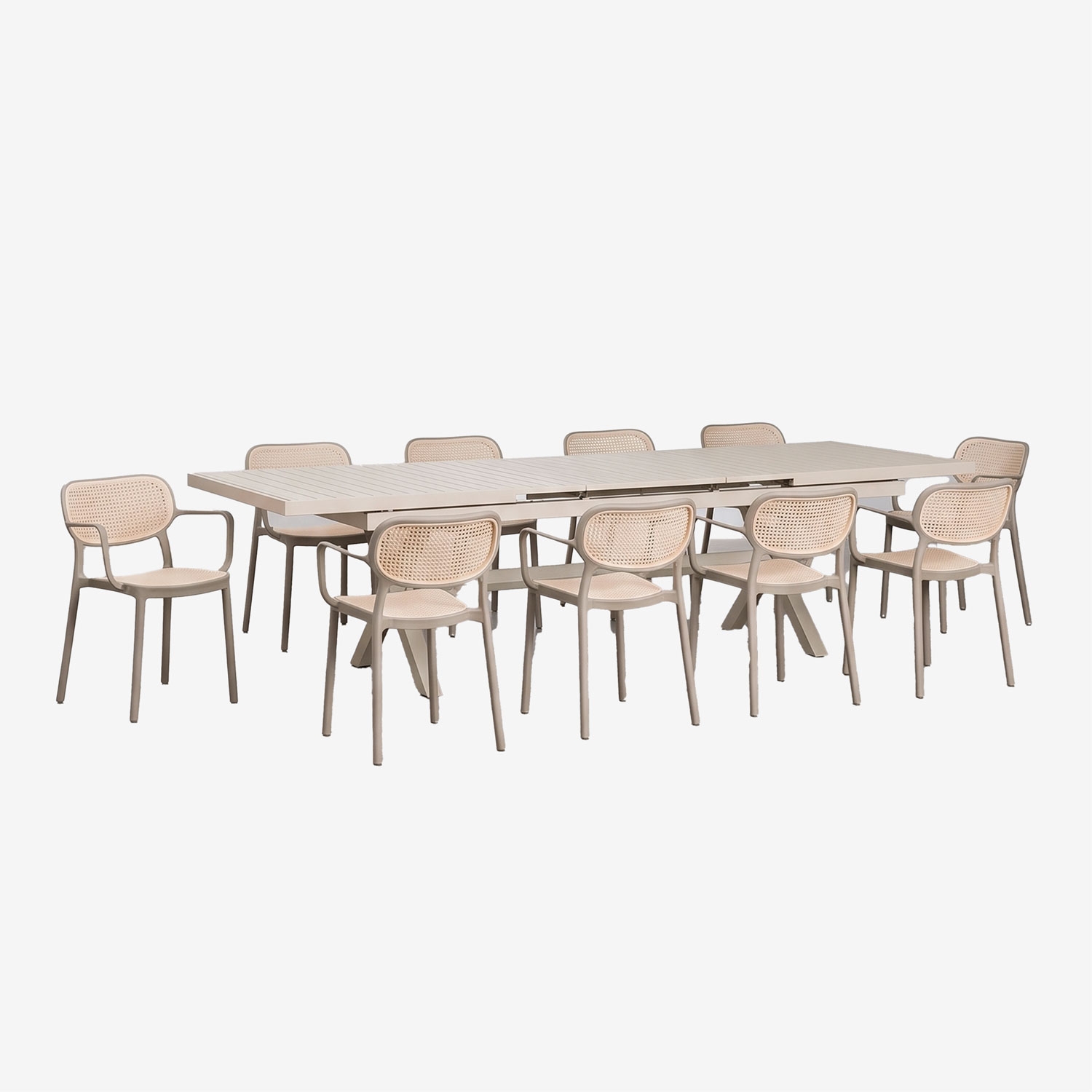 Sklum Rechteckiger Ausziehbarer Esstisch Karena 240-300x100 Cm Und 10 Stapelbare Gartenstühle Mit Armlehnen Omara Moka Braun