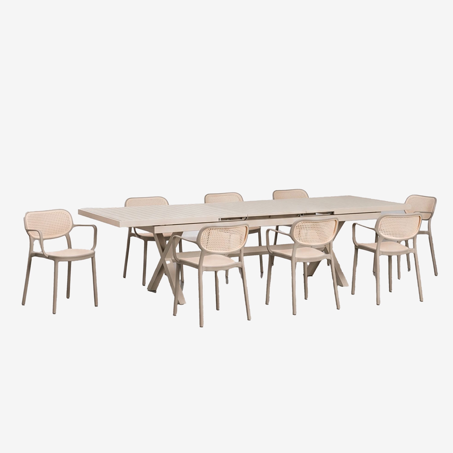 Sklum Ausziehbarer Rechteckiger Esstisch Karena 240-300x100 Cm Und 8 Stapelbare Gartenstühle Omara Mit Armlehnen Moka Braun