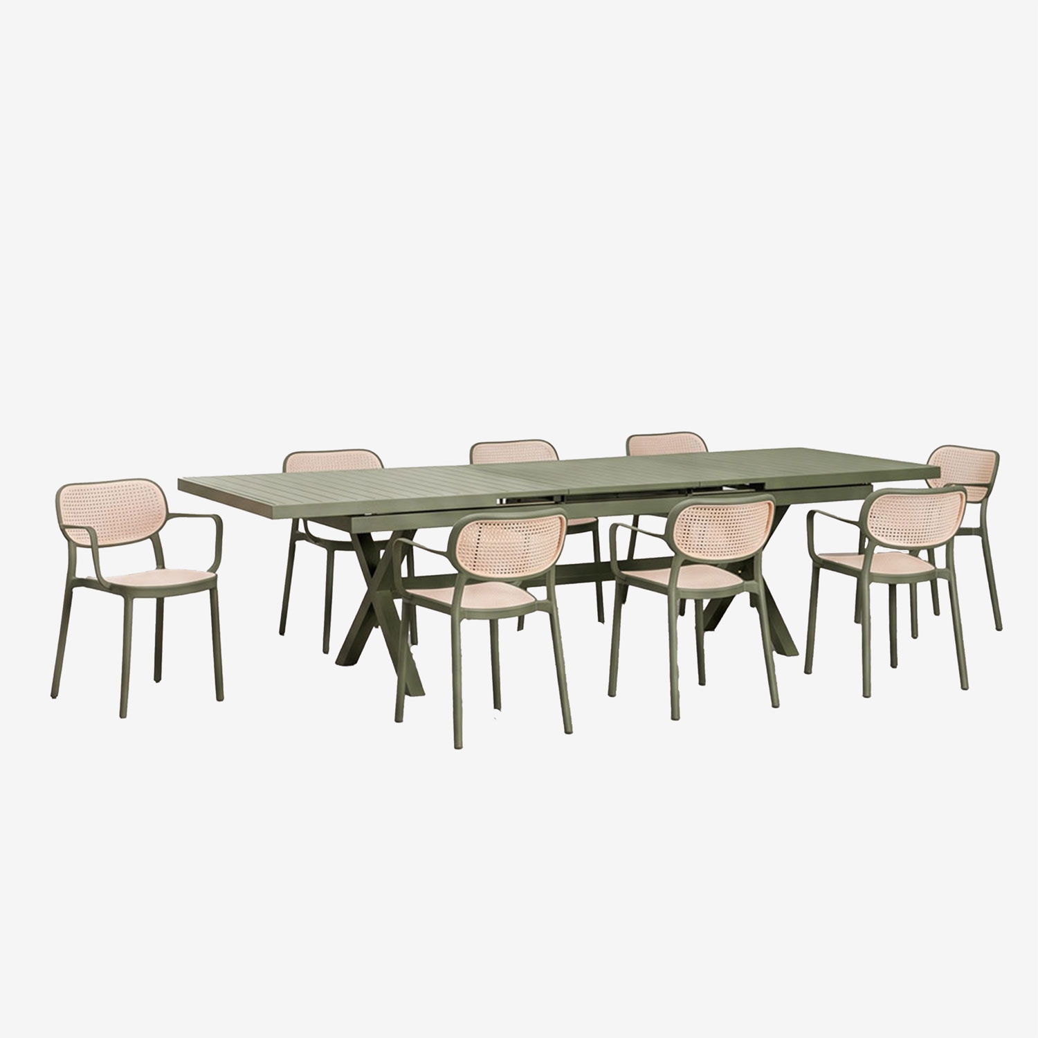 Sklum Ausziehbarer Rechteckiger Esstisch Karena 240-300x100 Cm Und 8 Stapelbare Gartenstühle Omara Mit Armlehnen Tiefes Grün Olive