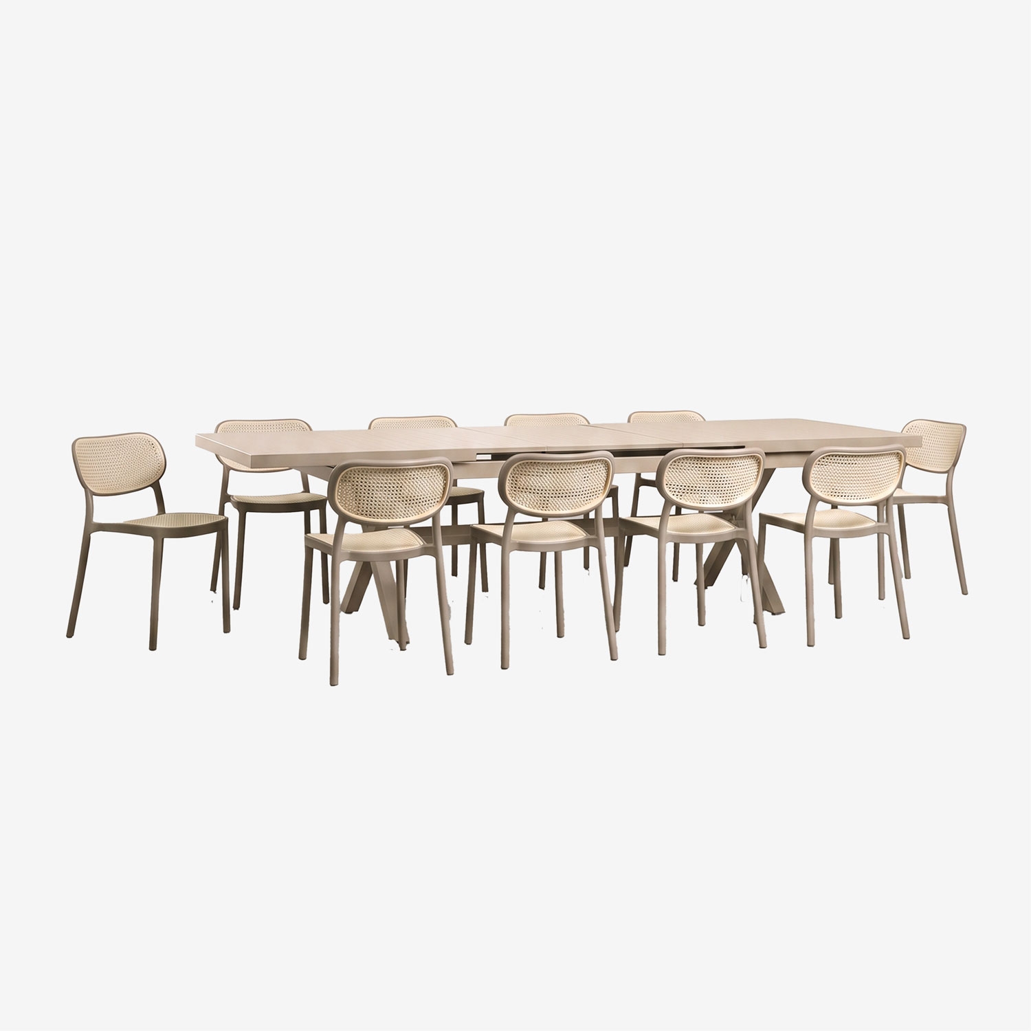 Sklum Rechteckiger Ausziehbarer Tisch 240-300x100 Cm Aus Aluminium Karena Und 10 Stapelbare Gartenstühle Aus Polypropylen Omara Moka Braun