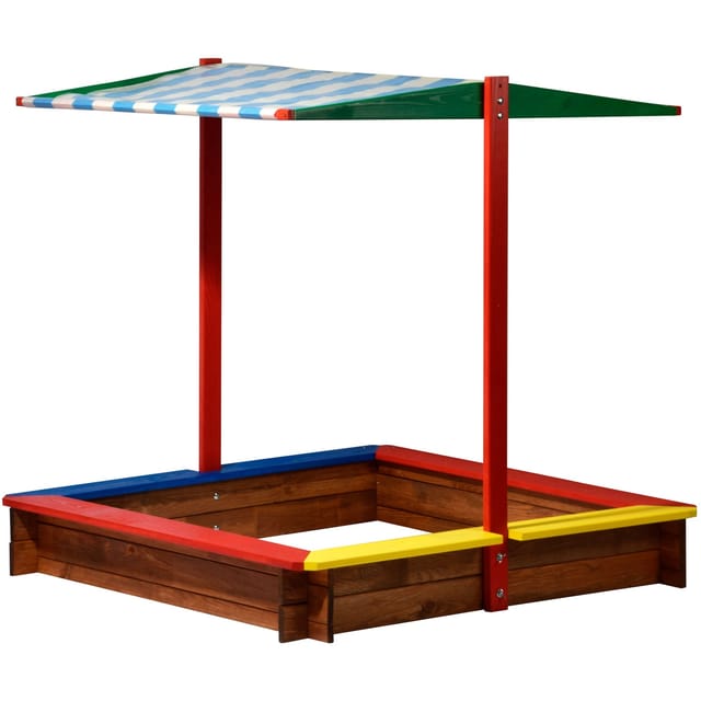 Sandkasten XL Holz mit Dach Bunt 120 cm x 120 cm x 125 cm FSC®