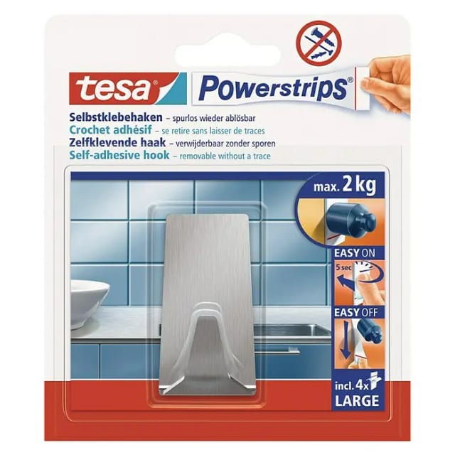Tesa Selbstklebehaken Edelstahl Rechteckig mit 4 x Powerstrips Large