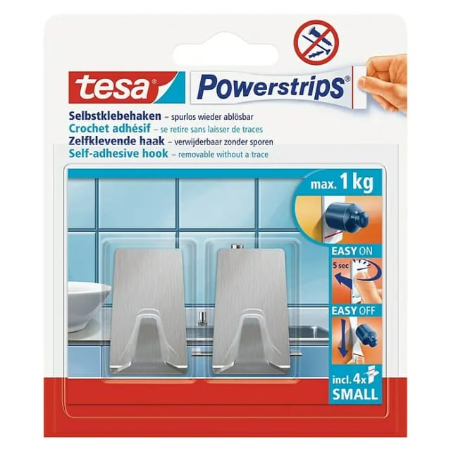 Tesa Selbstklebehaken Edelstahl Rechteckig 2 Stück mit 4 x Powerstrips Small