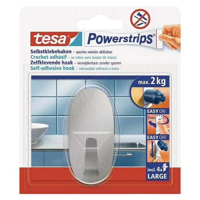 Tesa Selbstklebehaken Edelstahl Oval mit 4 x Powerstrips Large