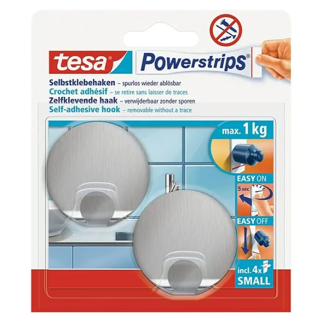 Tesa Selbstklebehaken Edelstahl Rund 2 Stück mit 4 x Powerstrips Small