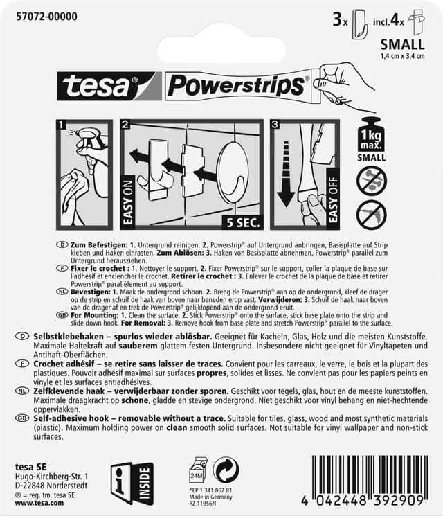 Tesa Selbstklebehaken Kunststoff 3 Stück mit 4 x Powerstrips Small