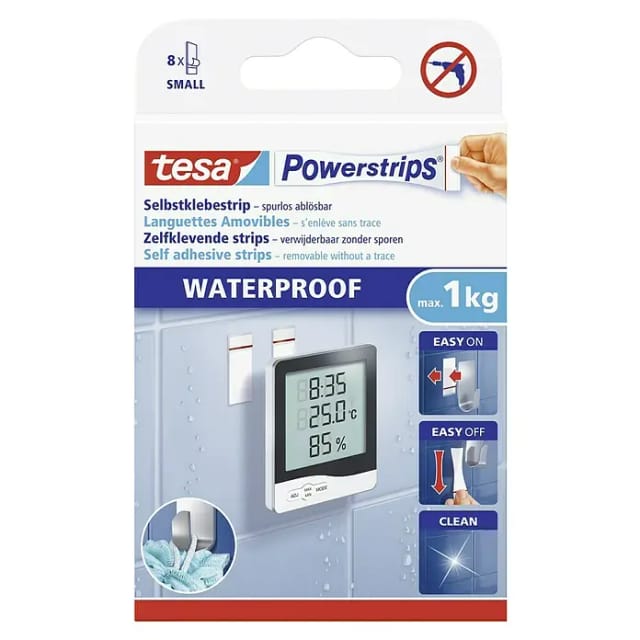Tesa Selbstklebehaken Waterproof Kunststoff mit 8 x Powerstrips Small