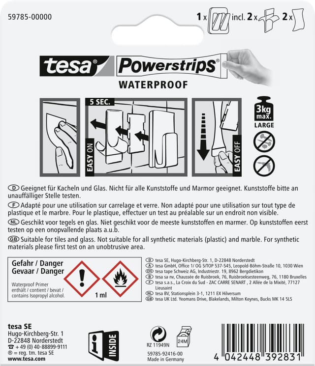 Tesa Duo-Haken Waterproof Edelstahl/Kunststoff mit 2 x Powerstrips Large