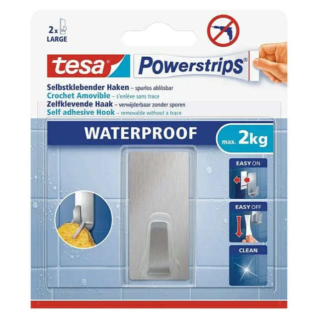 Tesa Powerstrips Haken Waterproof eckig Edelstahl Large