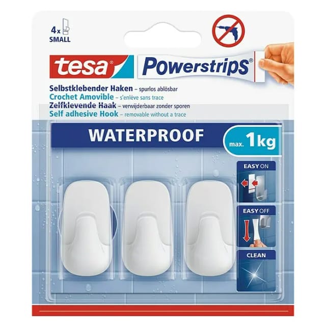 Tesa Selbstklebehaken Waterproof Kunststoff 3 Stück mit 4 x Powerstrips Small