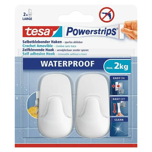 Tesa Selbstklebehaken Waterproof Kunststoff 2 Stück mit 2 x Powerstrips Large