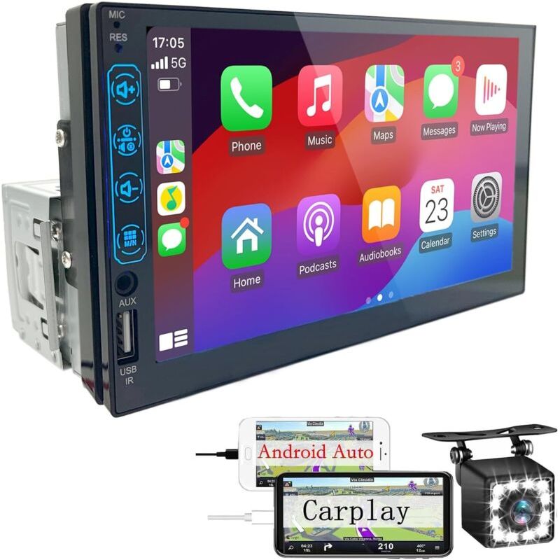 7-zoll-1-din-bluetooth-autoradio Mit Carplay Und Android Auto – Hd-touchscreen – Wasserdichte Rückfahrkamera – Bluetooth 5.0 Und Fm – Andiamo