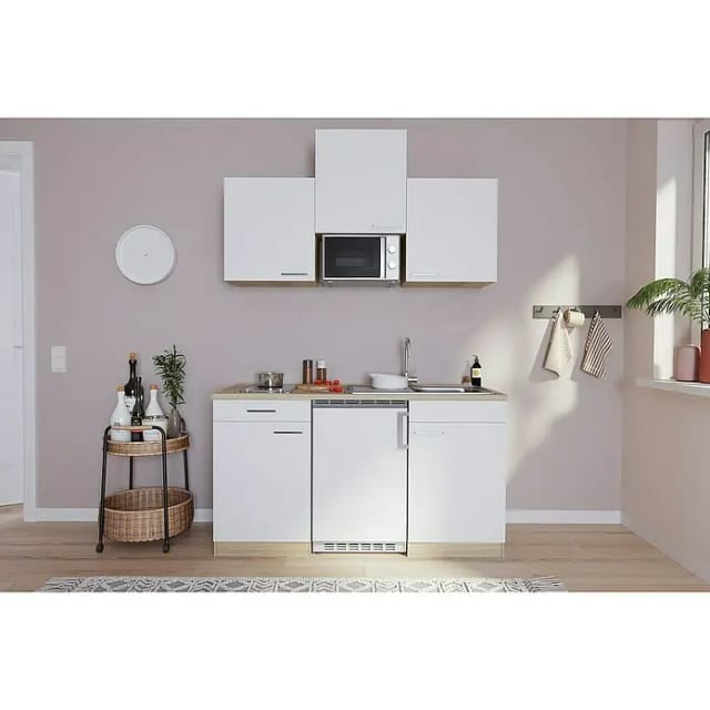 Respekta Küchenzeile KB150ESWMIC 150 cm Weiß-Eiche Sägeräu Nachbildung