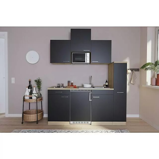 Respekta Küchenzeile KB180ESSMI 180 cm Schwarz-Eiche Sägeräu Nachbildung