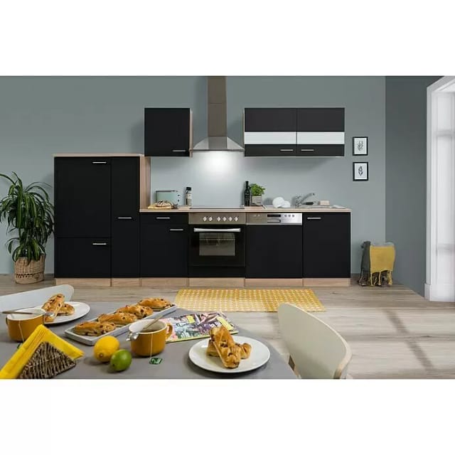 Respekta Küchenzeile KB310ESSC 310 cm Schwarz-Eiche Sägerau Nachbildung