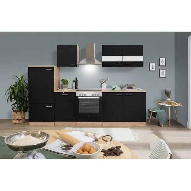 Respekta Küchenzeile KB270ESSC 270 cm Schwarz-Eiche Sägerau Nachbildung
