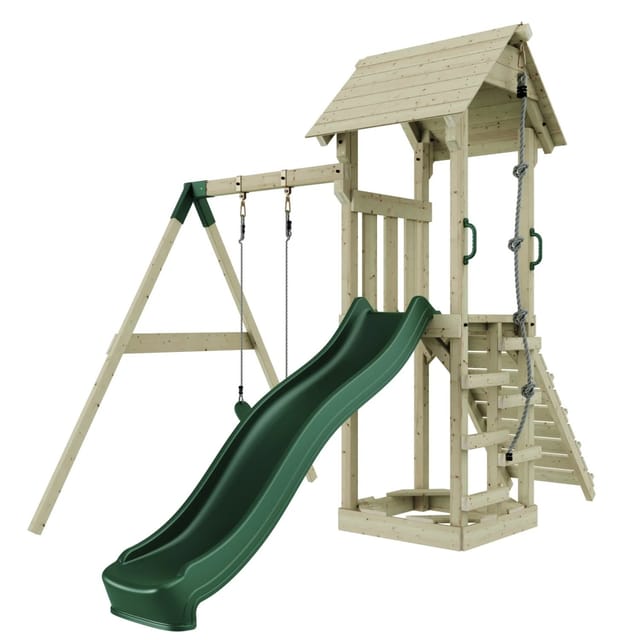 PolarPlay Spielturm Göteborg Schaukel Rutsche Grün