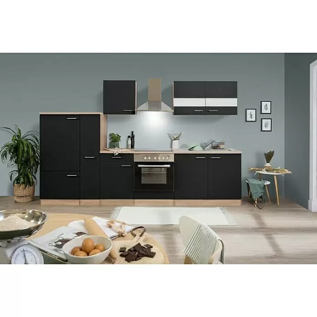 Respekta Küchenzeile KB300ESSC 300 cm Schwarz-Eiche Sägerau Nachbildung