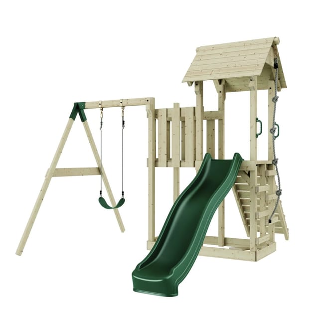 PolarPlay Spielturm Bergen Schaukel Kletterwand Rutsche Grün