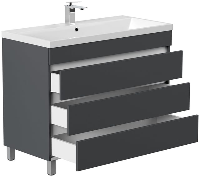Posseik Stand-Badmöbel Fellini 100 mit 3 Grifflosen Schubladen Grafit