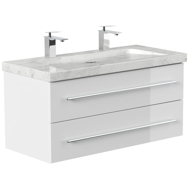 Posseik Badmöbel Marmor Carrara White Yamo 2 Hahnlöcher 100 cm Weiß Hochglanz