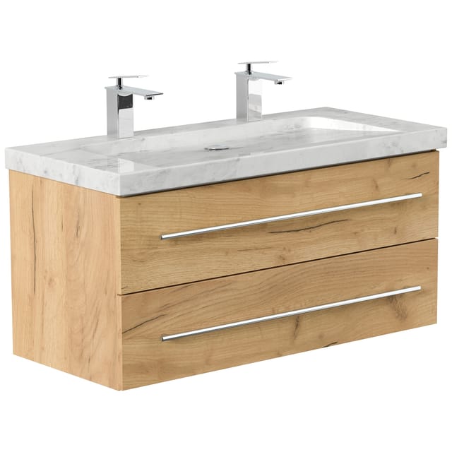 Posseik Badmöbel Marmor Carrara White Yamo 2 Hahnlöcher 100 cm Eiche Gold