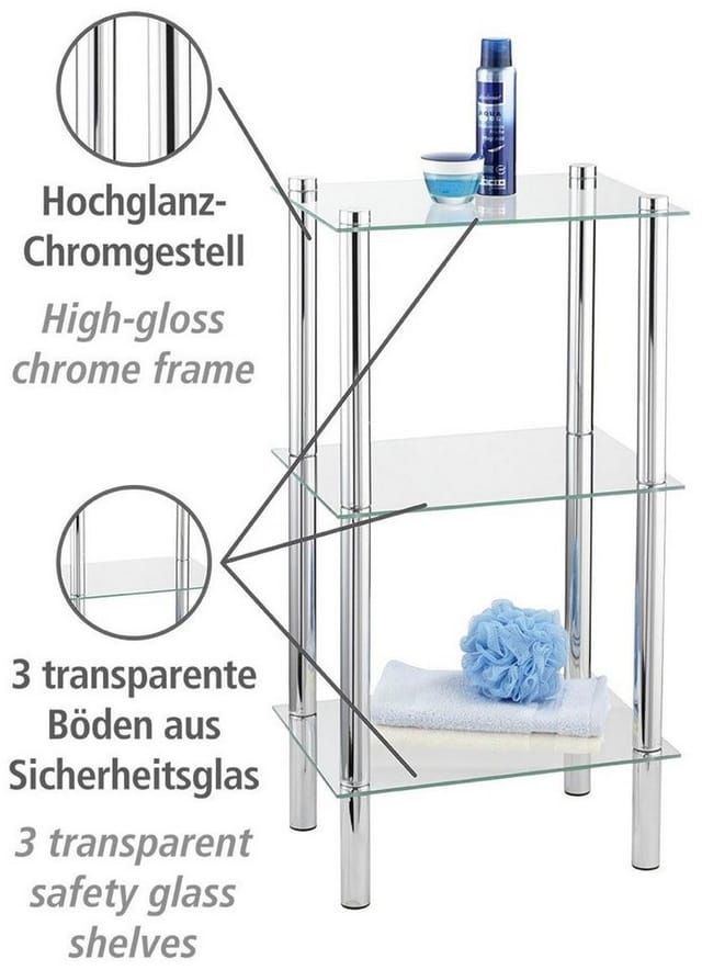 Wenko Regal Yago Viereckig Chrom mit 3 Glasablagen 74 cm x 40 cm x 30 cm