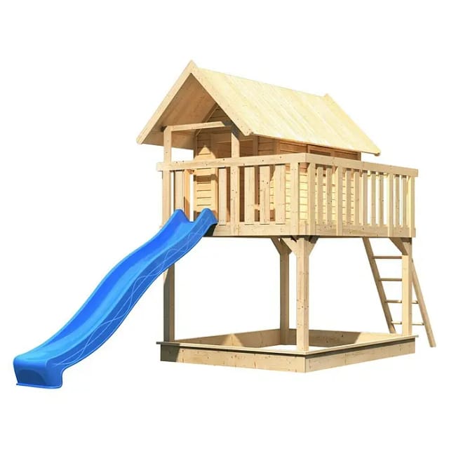 Karibu Stelzenhaus Fidel Set Natur Wellenrutsche 3 m Blau
