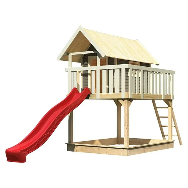 Karibu Stelzenhaus Fidel Set Terragrau Wellenrutsche 3 m Rot