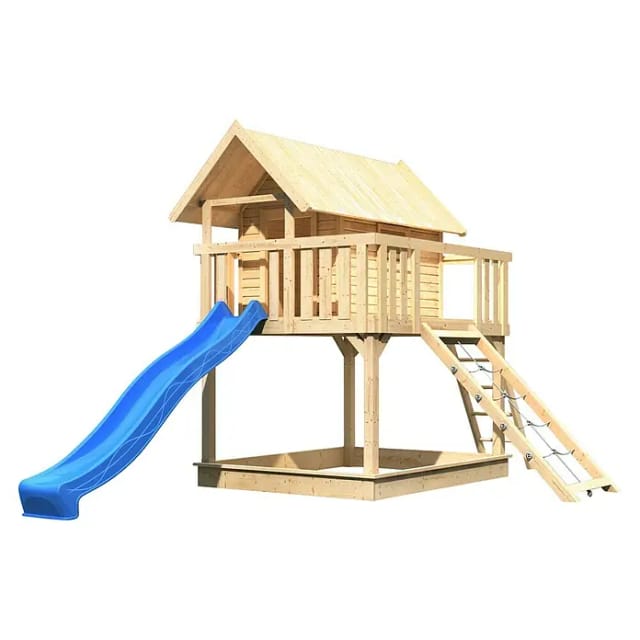 Karibu Stelzenhaus Fidel Set Natur Wellenrutsche 3 m Blau Netzrampe