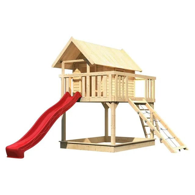Karibu Stelzenhaus Fidel Set Natur Wellenrutsche 3 m Rot Netzrampe