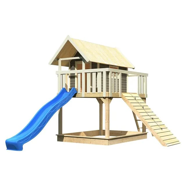 Karibu Stelzenhaus Fidel Set Terragrau Wellenrutsche 3 m Blau Holzrampe